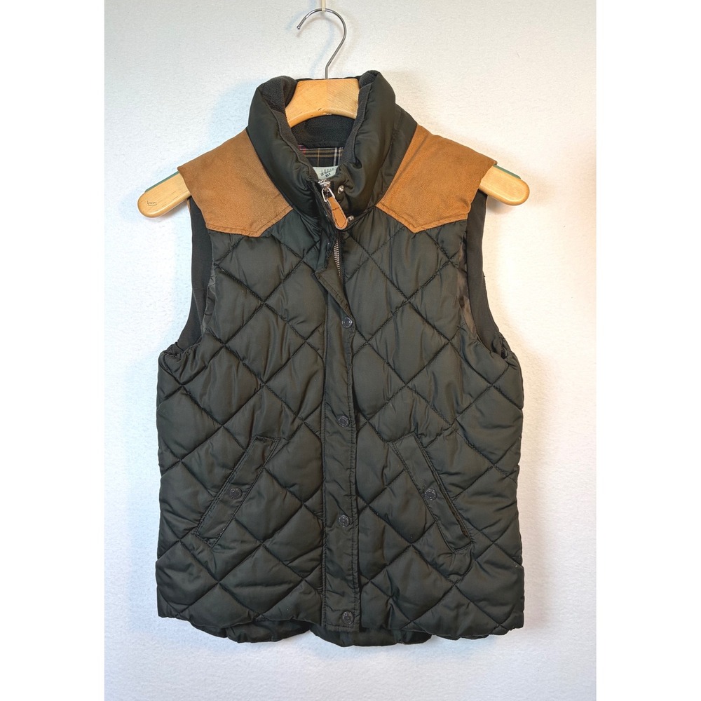 L.O.G.G. H&M Quilted Puffer Vest Women Size 8 Green Excellent Suede Yoke Plaid